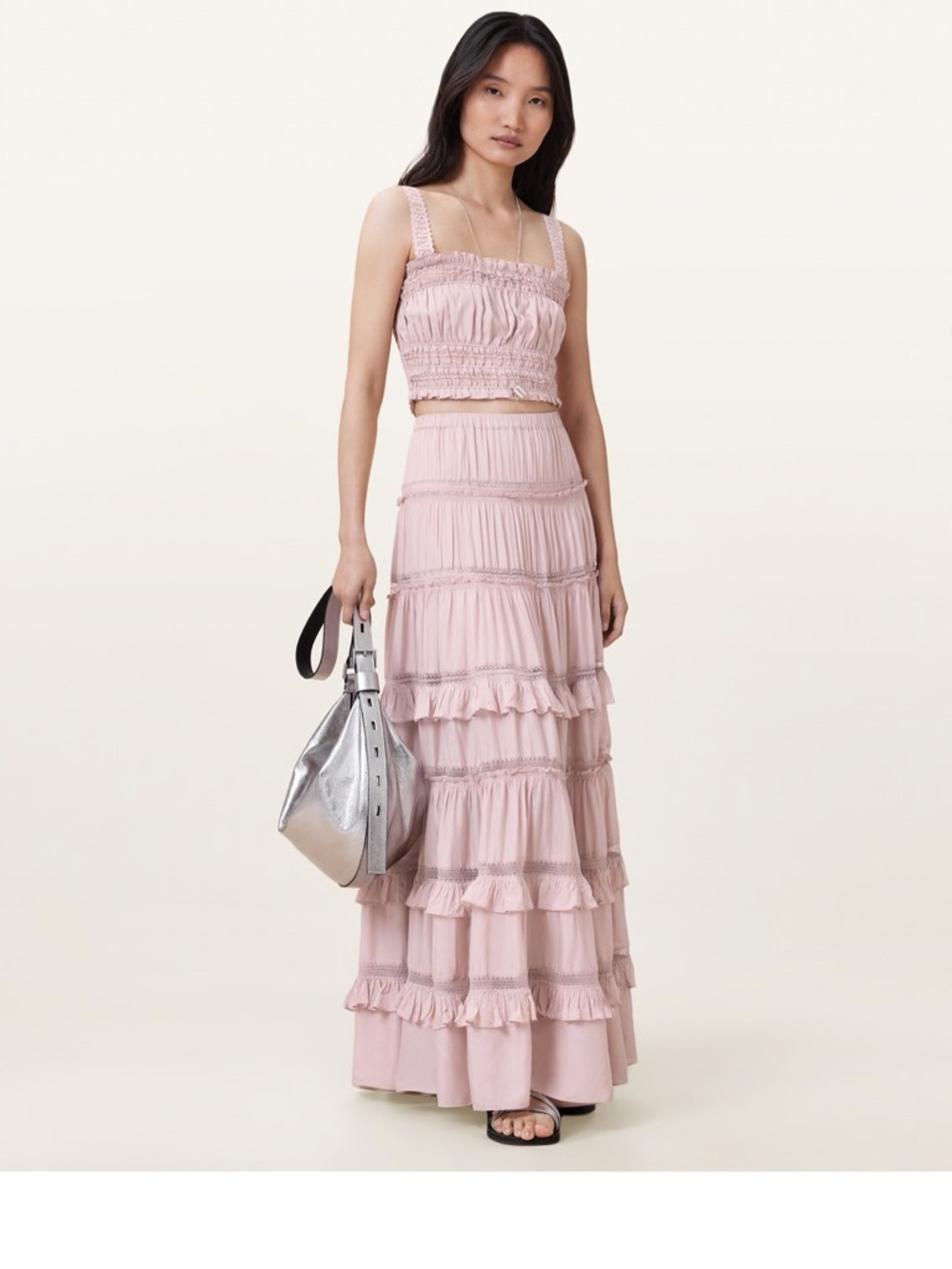 AllSaints Blush Pink Smocked Cropped Tank with Lace Straps | New | size 8 - Picture 5 of 6